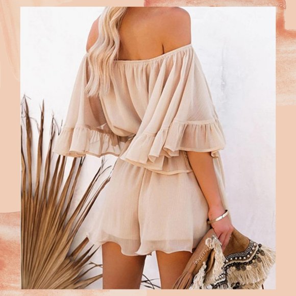 Kathryn Off Shoulder Bell Sleeve Romper Nude Pink - Picture 2 of 3